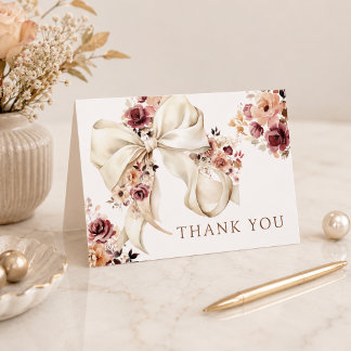 Elegant Fall Watercolor Floral Bow Baby Shower Thank You Card