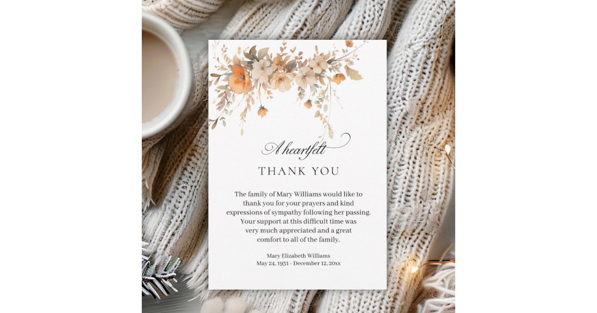 Elegant Fall Watercolor Floral Funeral Thank You Card | Zazzle