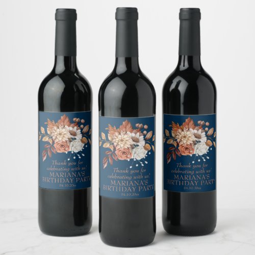 Elegant Fall Watercolor Floral Navy Blue Wine Label