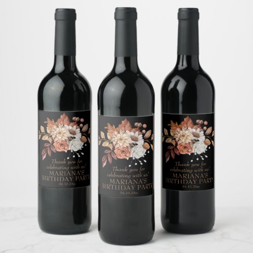 Elegant Fall Watercolor Floral on Black Wine Label