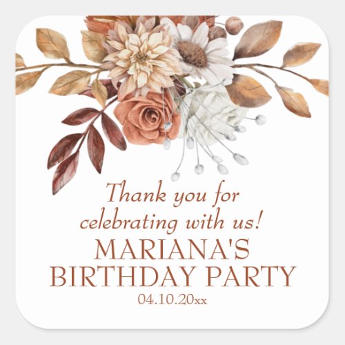 Elegant Fall Watercolor Floral Party Favor Square Sticker