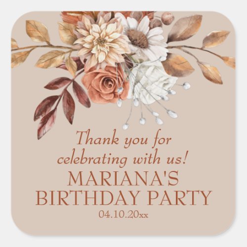 Elegant Fall Watercolor Floral Taupe Party Favor Square Sticker