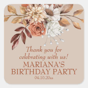 Elegant Fall Watercolor Floral Taupe Party Favor Square Sticker