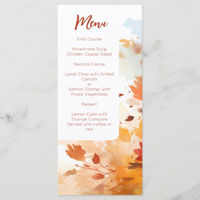 Elegant Fall Watercolor Foliage Wedding Menu (Front)