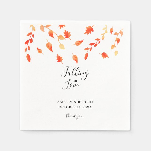 Elegant Fall Watercolor Leaves Falling in Love Napkins (Front)
