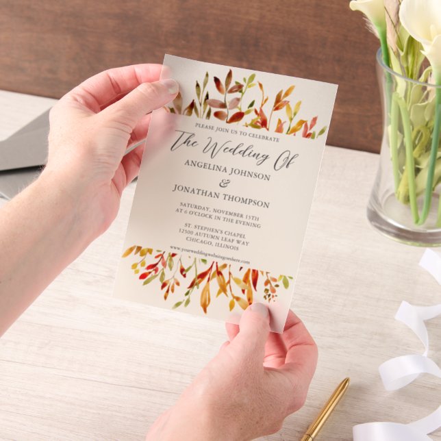 Elegant Fall Watercolor Leaves Wedding Vellum Invitations (Handheld)