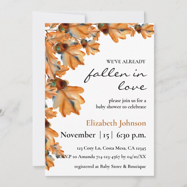 Elegant Fall Watercolor Orange Foliage Baby Shower Invitation (Front)