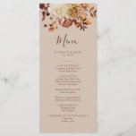 Elegant Fall Watercolor Terracotta Wedding Menu<br><div class="desc">This elegant and rustic wedding menu features hand-painted watercolor burnt orange and terracotta leaves,  cream and beige dahlias,  and beautiful rust-colored roses perfect for a fall or autumn wedding! (Brown text on taupe background.)</div>