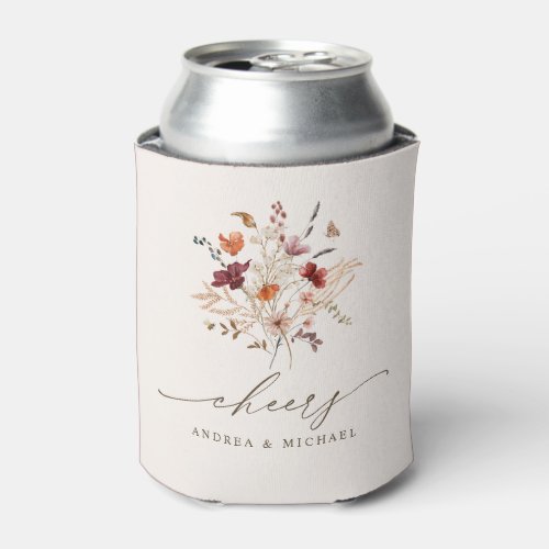 Elegant Fall Watercolor Wildflower Cheers Wedding Can Cooler