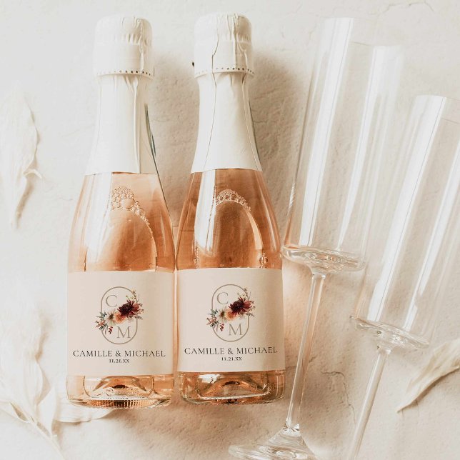Elegant Fall Wedding Mini Champagne Bottle Labels (Burgundy Fall Floral Wedding Monogram Mini Bottle Label)