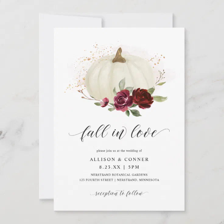 Elegant Fall Wedding Pumpkin Burgundy Roses Invitation | Zazzle