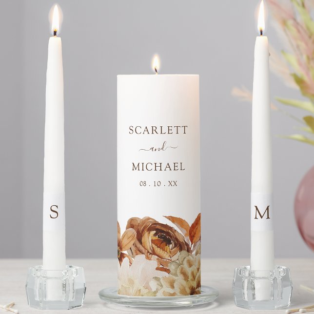 Elegant Fall Wedding Unity Candle Set (Elegant Fall Floral Monogram Wedding Unity Candle Set by Painted Paperie
)
