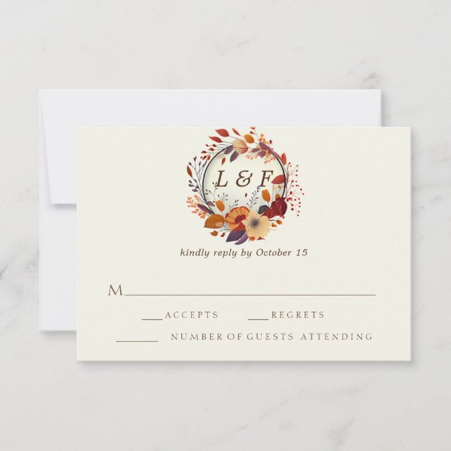 Elegant Fall Wildflower Initial Wedding RSVP Cards (Front)
