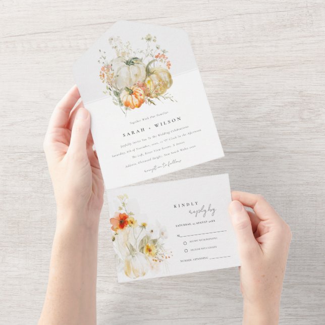 Elegant Fall Wildflower Pumpkin Watercolor Wedding All In One Invitation (Tearaway)