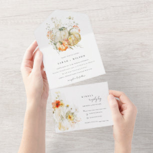 Elegant Fall Wildflower Pumpkin Watercolor Wedding All In One Invitation
