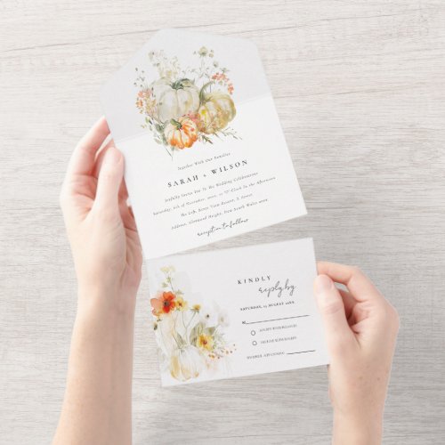 Elegant Fall Wildflower Pumpkin Watercolor Wedding All In One Invitation