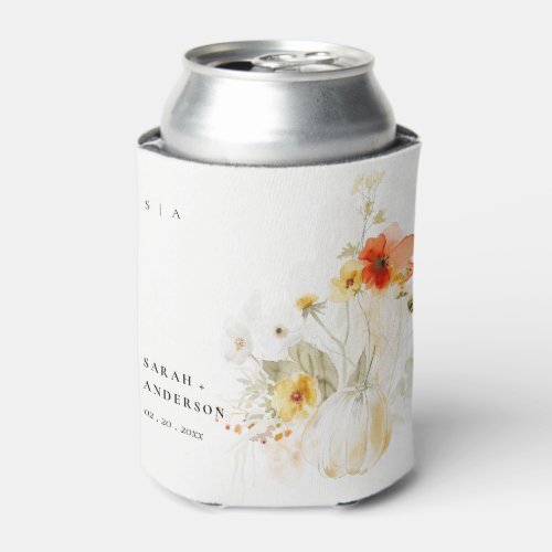 Elegant Fall Wildflower Pumpkin Watercolor Wedding Can Cooler