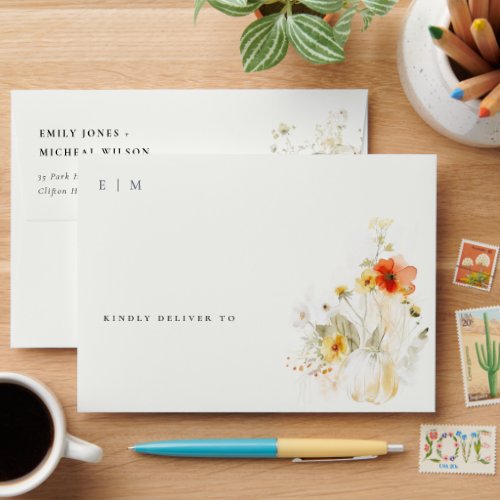 Elegant Fall Wildflower Pumpkin Watercolor Wedding Envelope