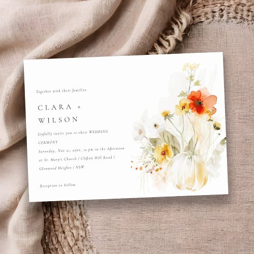Elegant Fall Wildflower Pumpkin Watercolor Wedding Invitation