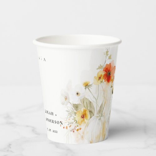 Elegant Fall Wildflower Pumpkin Watercolor Wedding Paper Cups