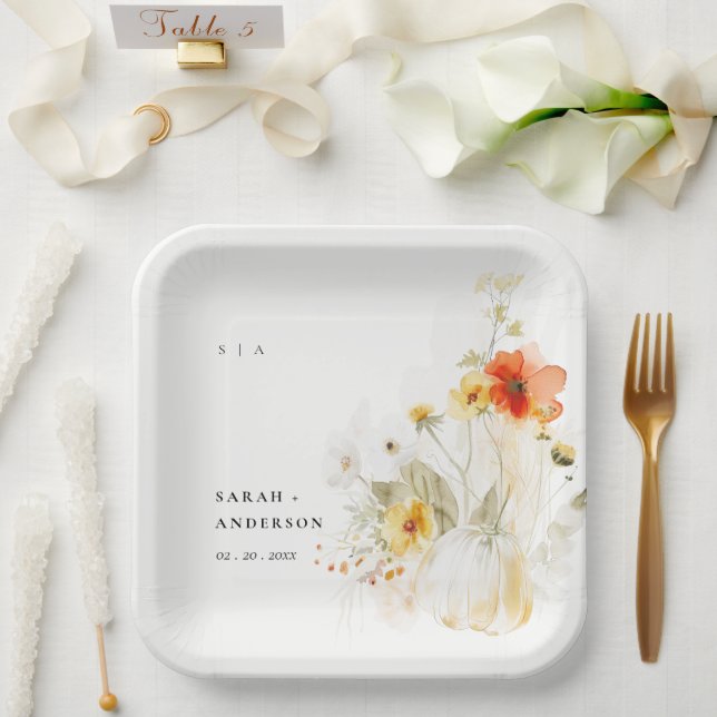 Elegant Fall Wildflower Pumpkin Watercolor Wedding Paper Plates (Wedding)