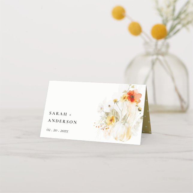 Elegant Fall Wildflower Pumpkin Watercolor Wedding Place Card (Front)