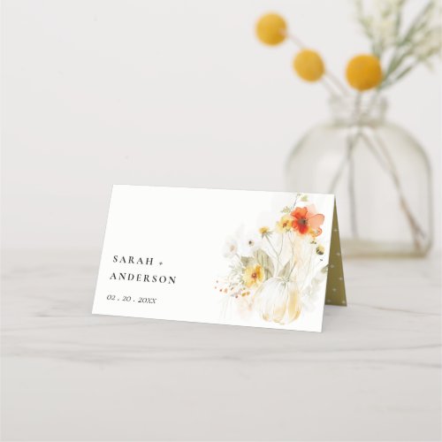 Elegant Fall Wildflower Pumpkin Watercolor Wedding Place Card