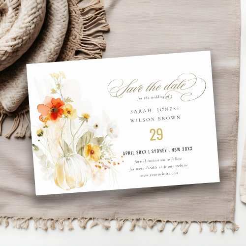 Elegant Fall Wildflower Pumpkin Watercolor Wedding Save The Date