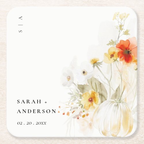 Elegant Fall Wildflower Pumpkin Watercolor Wedding Square Paper Coaster