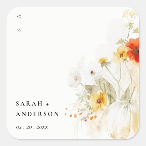 Elegant Fall Wildflower Pumpkin Watercolor Wedding Square Sticker