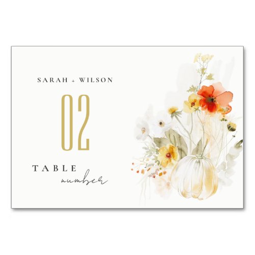 Elegant Fall Wildflower Pumpkin Watercolor Wedding Table Number