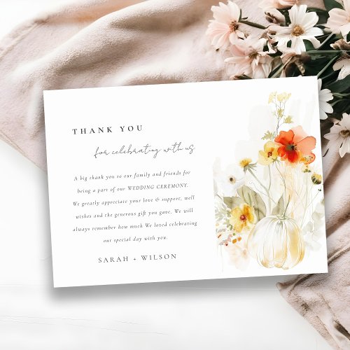 Elegant Fall Wildflower Pumpkin Watercolor Wedding Thank You Card