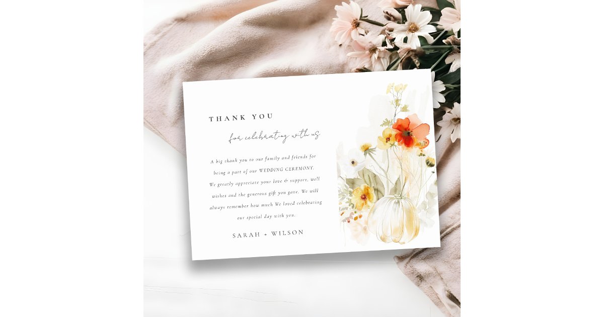 Elegant Fall Wildflower Pumpkin Watercolor Wedding Thank You Card | Zazzle