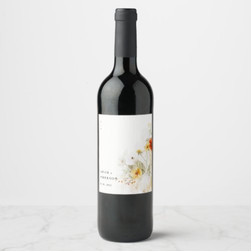 Elegant Fall Wildflower Pumpkin Watercolor Wedding Wine Label