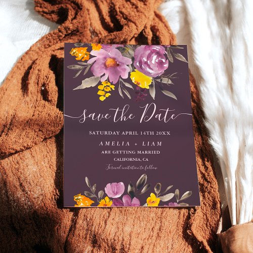 Elegant fall winter purple floral save the date