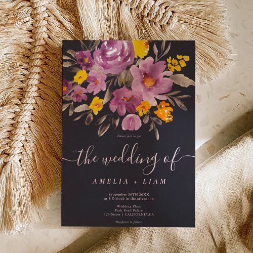 Elegant fall winter purple floral script wedding invitation