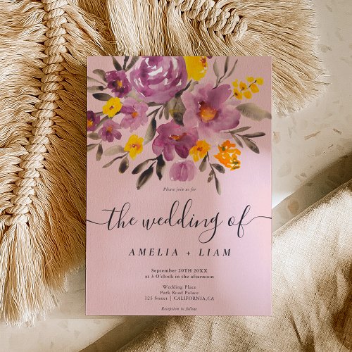 Elegant fall winter purple floral script wedding invitation