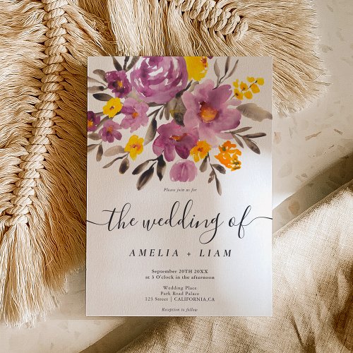 Elegant fall winter purple floral script wedding invitation