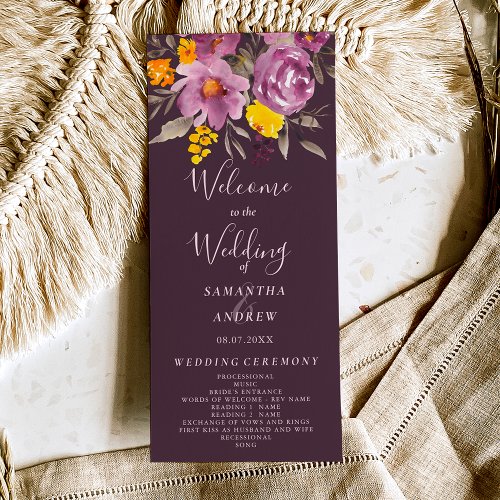 Elegant fall winter purple floral wedding program