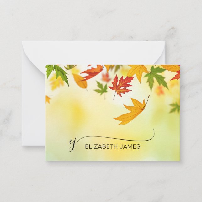 Elegant Falling Autumn Leaves Script Monogram  Note Card (Front)