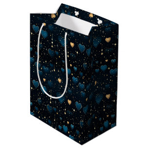 Elegant Falling Cosmic Hearts in Blue and Gold Medium Gift Bag