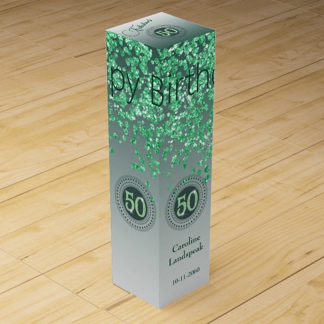 Elegant Falling Green Glitter 50th Birthday Wine Box (Front)