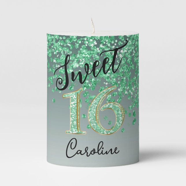 Elegant Falling Green Glitter Sweet 16 Pillar Candle (Front)