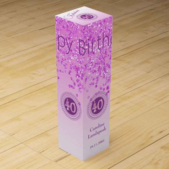 Elegant Falling Pink Glitter 40th Birthday Wine Box (Front)