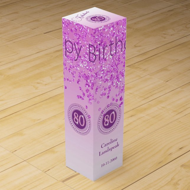 Elegant Falling Pink Glitter 80th Birthday Wine Box (Front)
