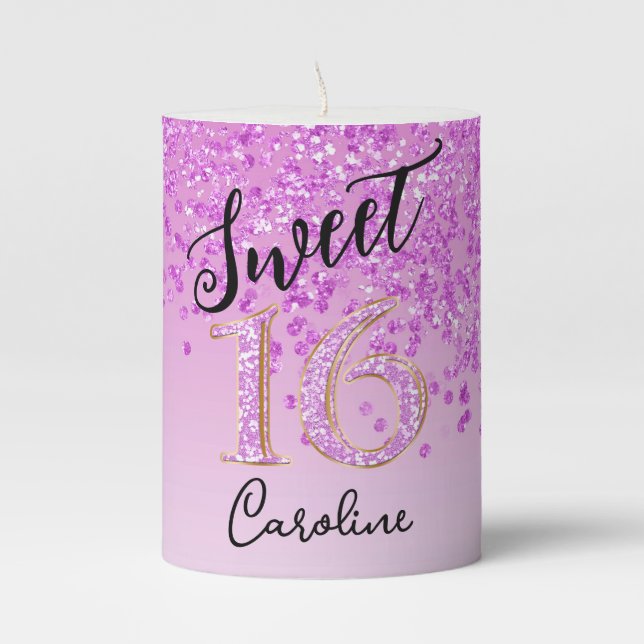 Elegant Falling Pink Glitter Sweet 16 Pillar Candle (Front)