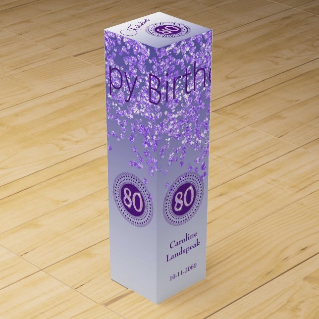 Elegant Falling Purple Glitter 80th Birthday Wine Box (Front)