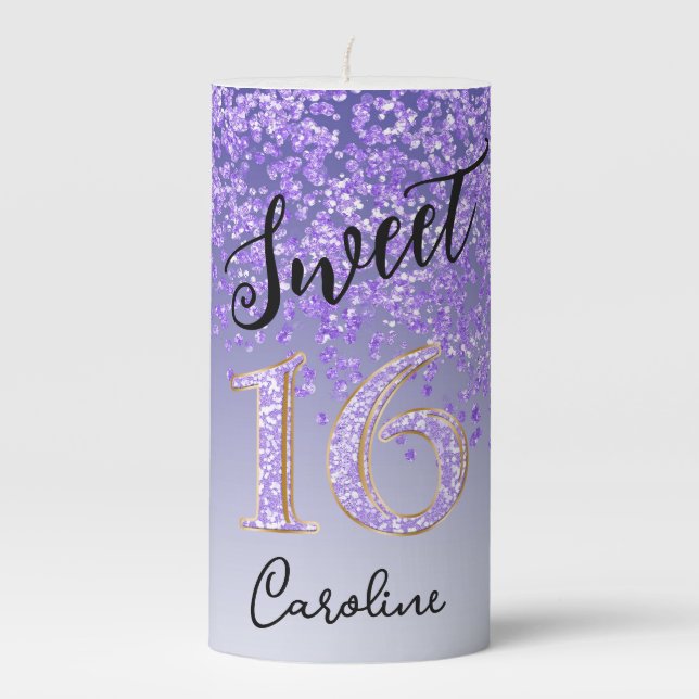 Elegant Falling Purple Glitter & Glitter Number 16 Pillar Candle (Front)