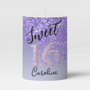 Elegant Falling Purple Glitter Sweet 16 Pillar Candle