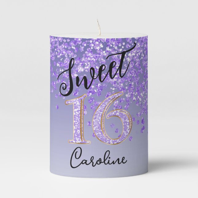 Elegant Falling Purple Glitter Sweet 16 Pillar Candle (Front)